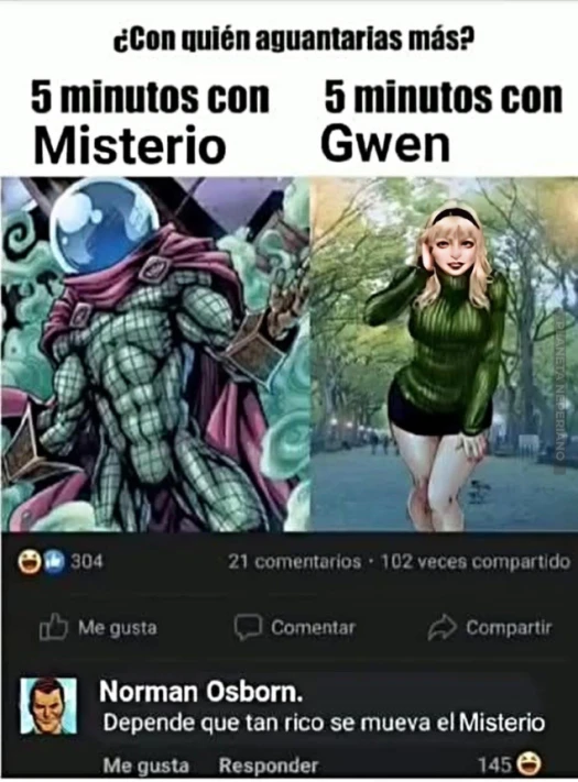 Mysterio cuando lo hizo norman:yo le quito lo cuck a spiderman pibes